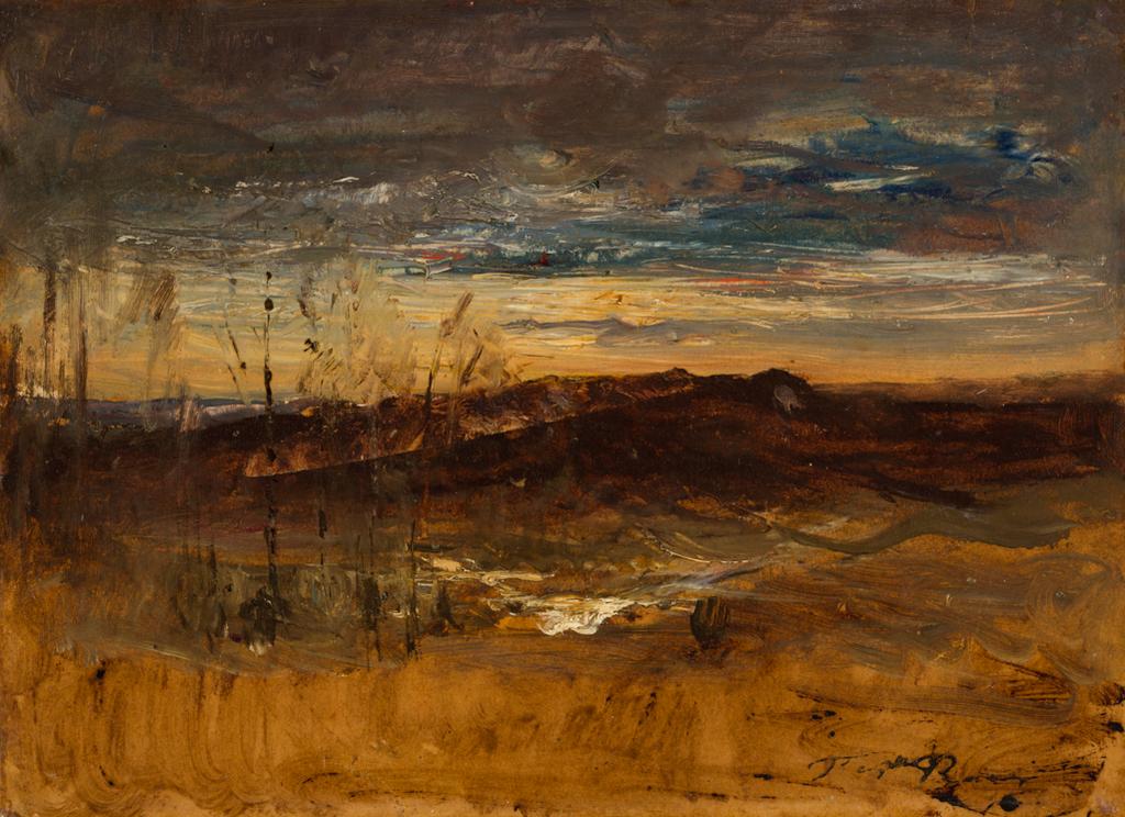 An image of Paysage au coucher du soleil. Ravier, Auguste François (French, 1814-1895). Oil on newspaper, maroufle to canvas, height 25 cm, width 33.9 cm. Translated title: Landscape at Sunset.