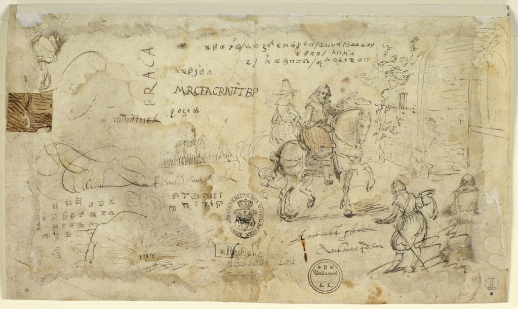 An image of Harbourscene with shipping off a round tower. Two gentlemen on horseback, entering a towngate and various rapid scribbles. Vroom, Hendrick Cornelisz. (Dutch, 1566-1640). Pen, brown ink, on paper, height 201 mm, width 335 mm, 1584-1587. Probably drawn when the artist was in Italy.