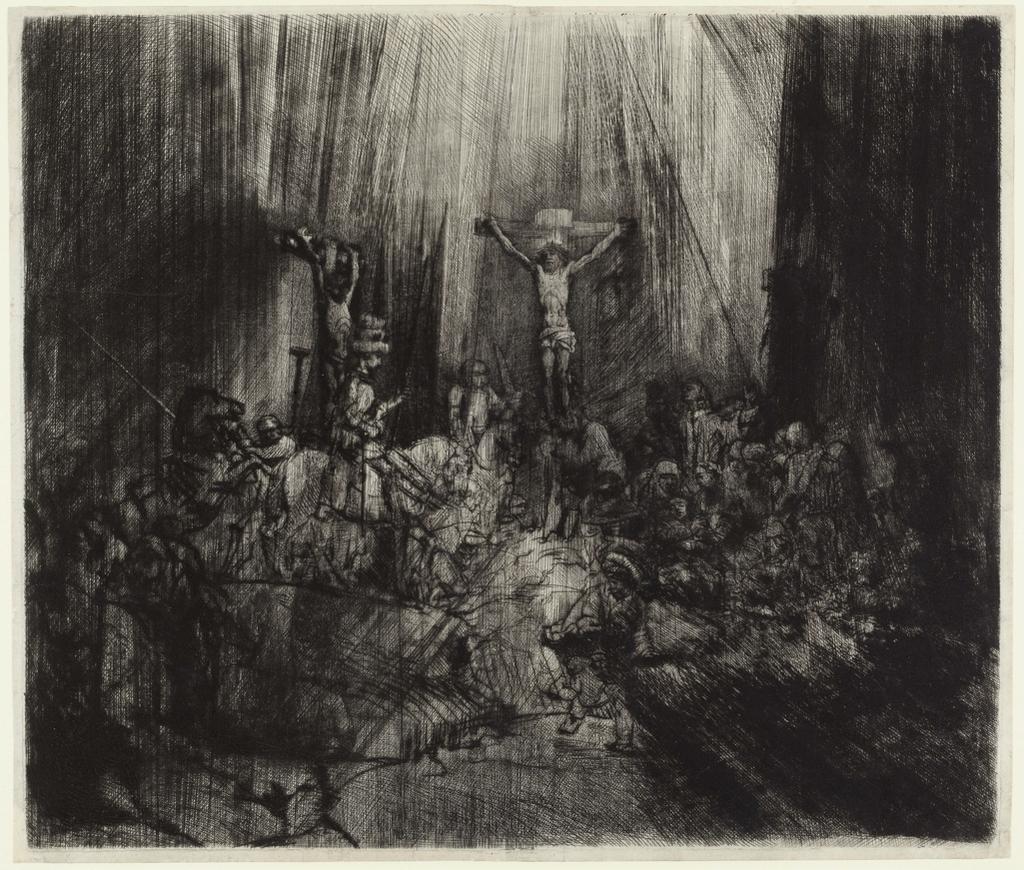 An image of The Three Crosses. Rembrandt Harmensz. van Rijn; printmaker; Dutch artist, 1606-1669). Drypoint, engraving, surface tone, black carbon ink, stiff black ink on laid paper, chainlines vertical (25mm). Height, plate, 386 mm, width, plate, 448 mm; height, sheet, 397 mm, width, sheet, 463 mm, 1653. Production Note: State IV/V. Printed on mould side of paper.
