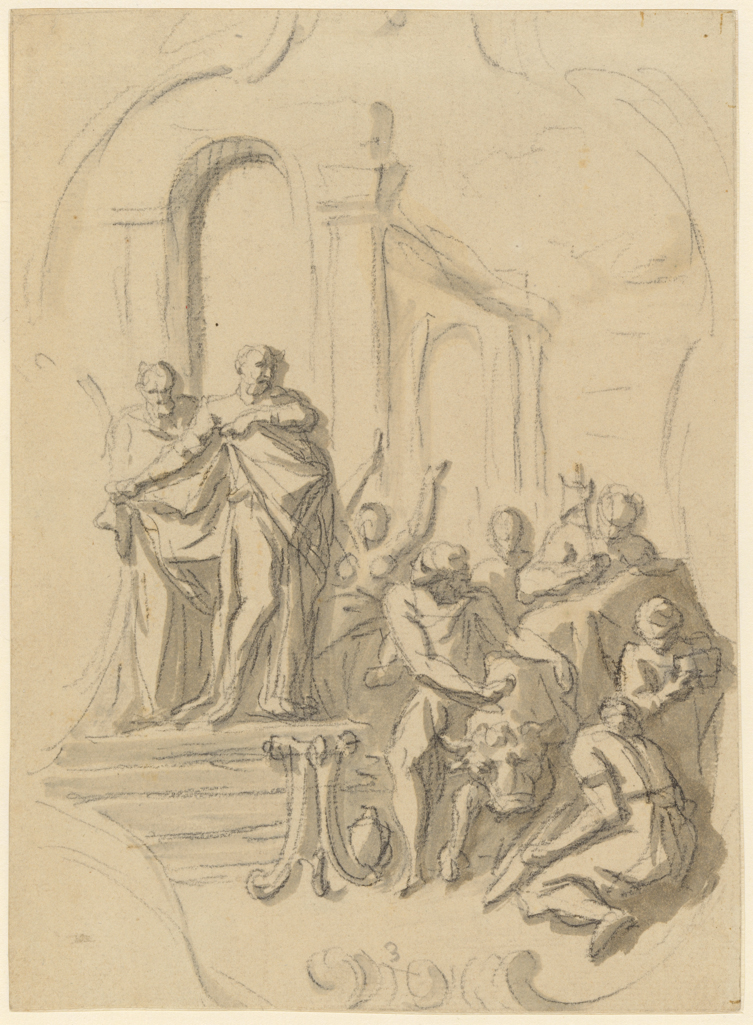An image of Design for part of the decoration of the Dome of St. Paul's: Paul and Barnabus at Lystra. Thornhill, James (British, 1675-1734). Graphite and grey wash on paper, height 200 mm, width 145 mm.