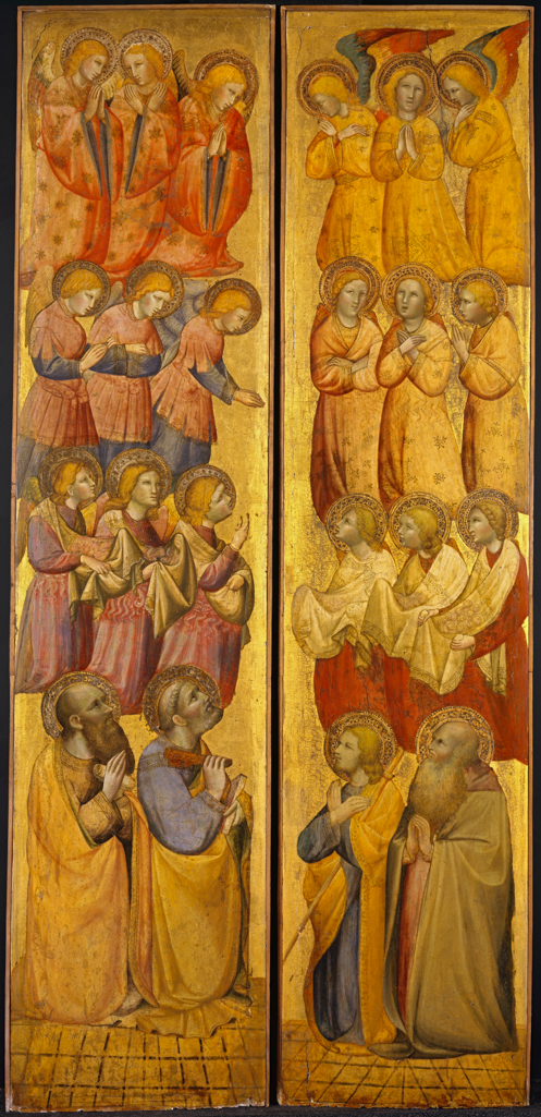 An image of Olivuccio di Cicarello (c.1365-1439). Left hand panel/1061A: St Peter and St Paul with Angels, c.1400. Tempera with gold on panel. Right hand panel/1061B: St James and possibly St Andrew with Angels, c.1400. Tempera with gold on panel.