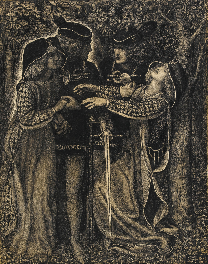 An image of How They Met Themselves. Rossetti, Dante Gabriel (British, 1828-1882). Pen and ink and wash on paper, height 270 mm, width 213 mm.