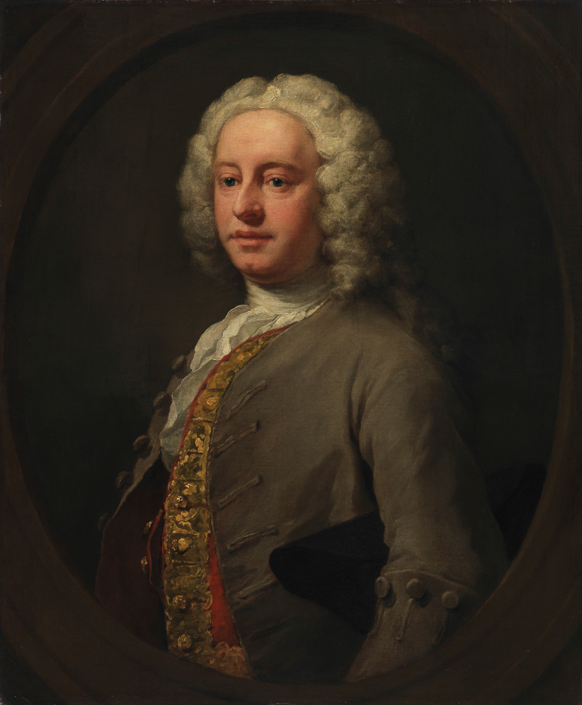 An image of Unknown man. Hogarth, William (British, 1697-1764). Oil on canvas, height 75.6 cm, width 62.6 cm. Comparable in style with Hogarth's portraits of the early 1740s. Notes: with a tricorn under his arm.