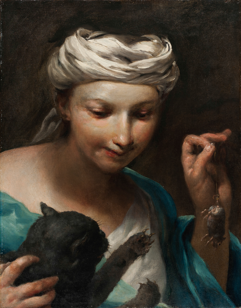 An image of Girl with a Cat. Crespi, Giuseppe Maria (lo Spagnuolo) (Italian artist, 1665-1747). Oil on canvas, height 44.4 cm, width 34.9 cm. Bolognese School.