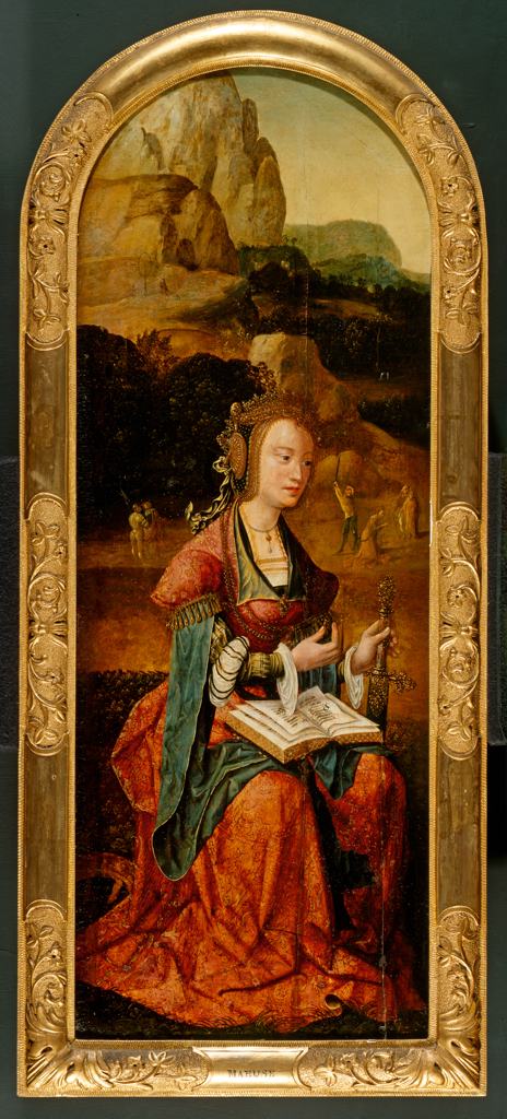 An image of St. Catherine of Alexandria. Unknown, Flemish. Oil on panel. Left wing of a triptych. For right see no. 2307. Height 86.5 cm, width 31.8 cm. Early 16th Century.