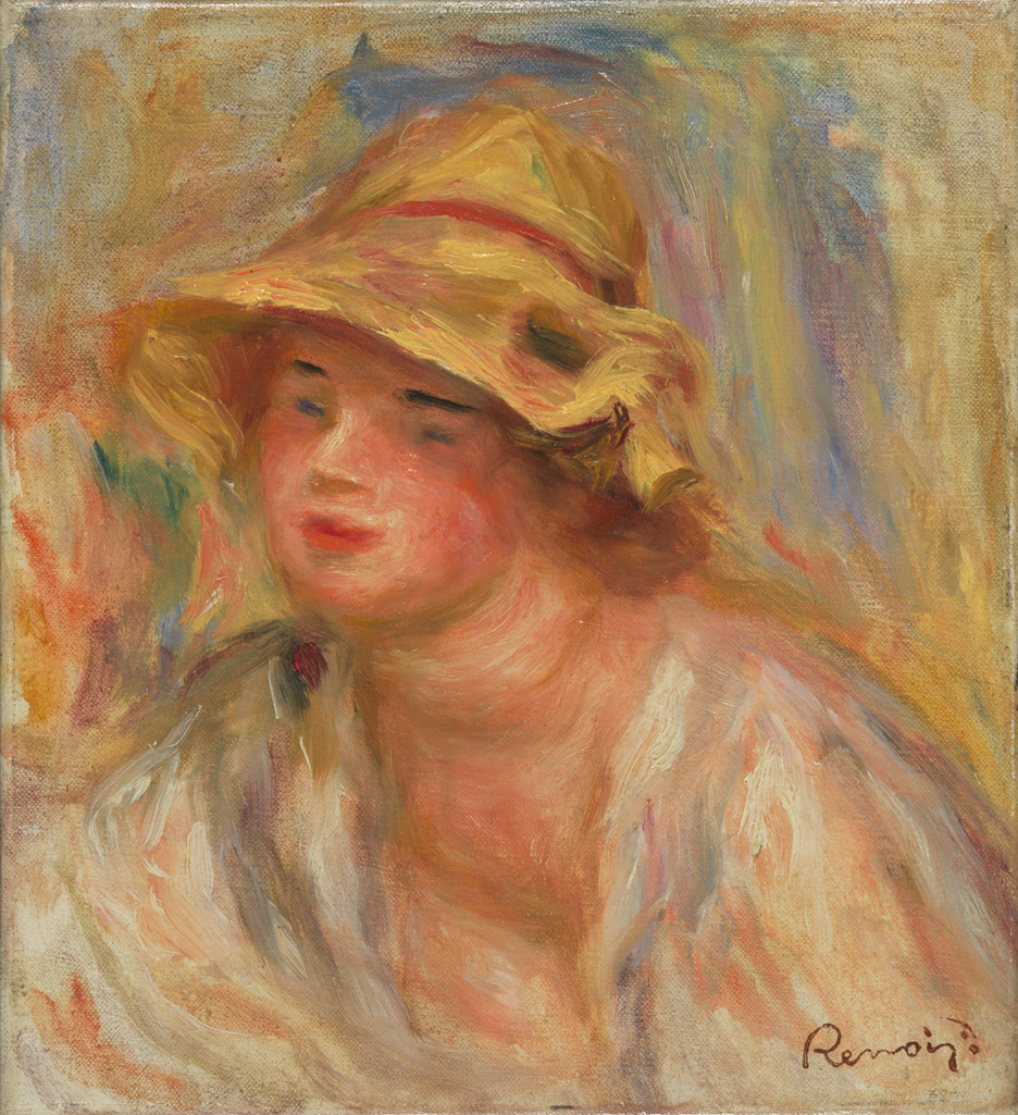 An image of Study of a Girl. Renoir, Pierre Auguste (French, 1841-1919). Oil on canvas, height, canvas, 23.0 cm, width, canvas, 21.0 cm, height, frame, 37.6 cm, width, frame, 35.7 cm, depth, frame, 8 cm, circa 1918-1919. This belongs to the last years of Renoir's life.