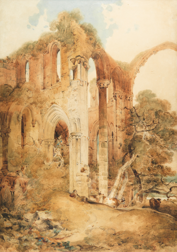 An image of Fountains Abbey. Cotman, John Sell (British, 1782-1842). Watercolour over graphite on paper, height 859 mm, width 606 mm, 1804.