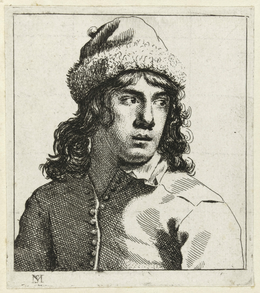 An image of Lord Fitzwilliam's album of prints. Young man wearing a fur-lined cap. Diversae Facies. Sweerts, Michiel (Flemish, 1624-1664). Half-leather binding, bound in 1814. Etching. Notes: One of the smallest of Lord Fitzwilliam's print albums, which formed part of his library. From a series of 13 plates with a Latin title, Diversae facies in usum iuvenum et aliorum ('Various faces for use by the young and others'). The set was published in Brussels in 1656.