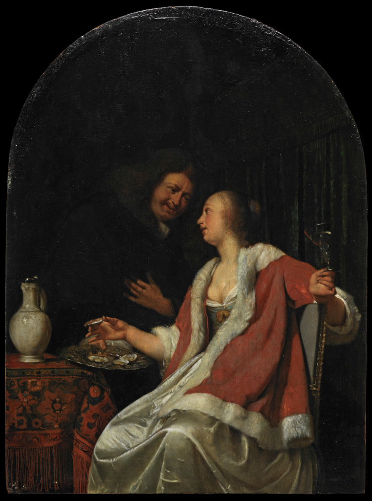 An image of Dutch Courtship. Mieris, Frans I van (Dutch, 1635-1681). Oil on panel, height 27.0cm, width 20.0cm, 1675.