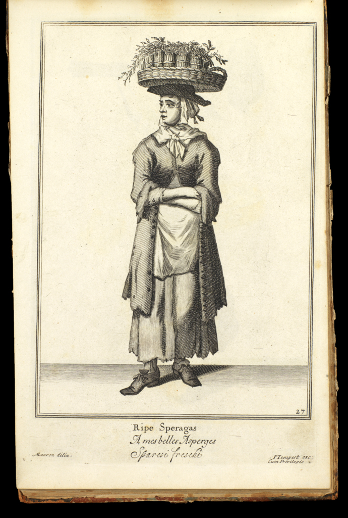 An image of Print Album. Ripe Speragas. Overton, Henry, publisher (British, 1676-1751). Laroon, Marcellus, after (British, 1679-1772). Etching, engraving, 1711. Production Note: State with the plate number 27. Part Of: 3.G.22; London Cryes.