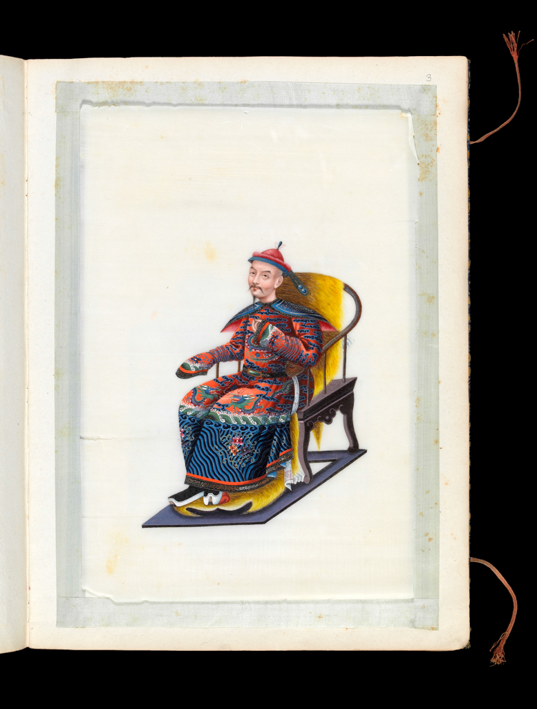 An image of Album: Manchu Officials. Manchu Official seated on an animal skin. Youqua (Chinese, ac.1840-1870). Album containing 12 watercolours on pith paper. Watercolour, bodycolour, and ink with heightening in white and silver, on pith paper, laid down with with strips of blue silk-covered paper, height 336 mm, width 253 mm, 19th century. Chinese. Production Note: Export album made for the Western market.