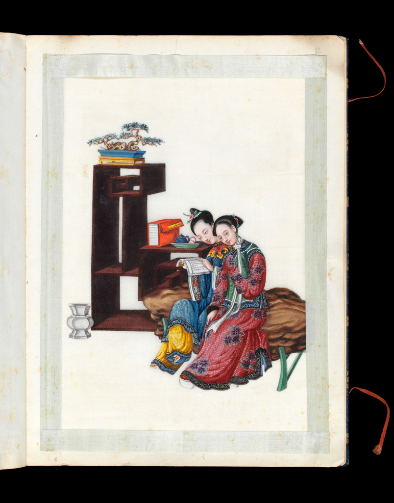 An image of Album: Manchu Officials with four additional drawings of birds. Woman reading a book. Youqua (Chinese, ac.1840-1870). Album containing 16 watercolours on pith paper (including 4 loose folios). Watercolour, bodycolour, and ink with heightening in white, gold and silver on pith paper, laid down with with strips of blue silk-covered paper, height 337 mm, width 250 mm, 19th Century. Chinese. Production Note: Export album made for the Western market.