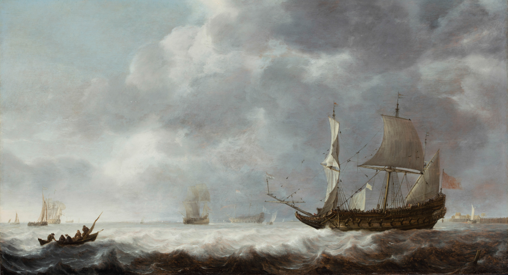 An image of Sea-piece, a breeze near a Dutch port. Vlieger, Simon de (Dutch, c.1600(?)-1653). Oil on panel, height, 51.7, cm, width, 94.3, cm, circa 1640.