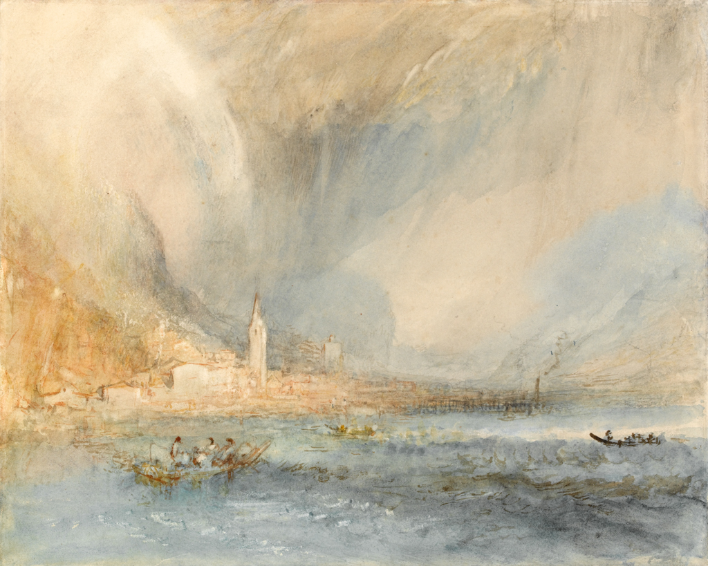 An image of Fluelen from the lake. Turner, Joseph Mallord William (British, 1775-1851). Watercolour with some red and black ink and scratching out on paper, 1840-1843.