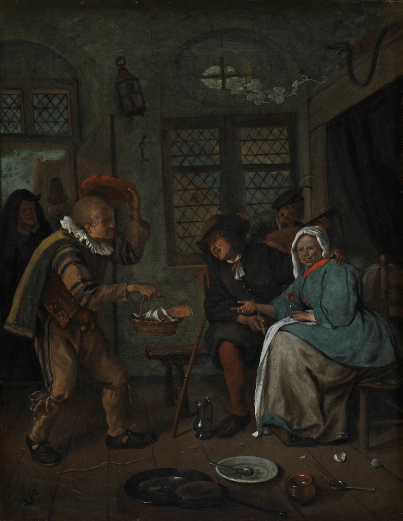 An image of The old pancake seller. Steen, Jan (Dutch, 1625/6-1679). Oil on canvas, height 40.6 cm, width 31.4 cm. circa 1668.