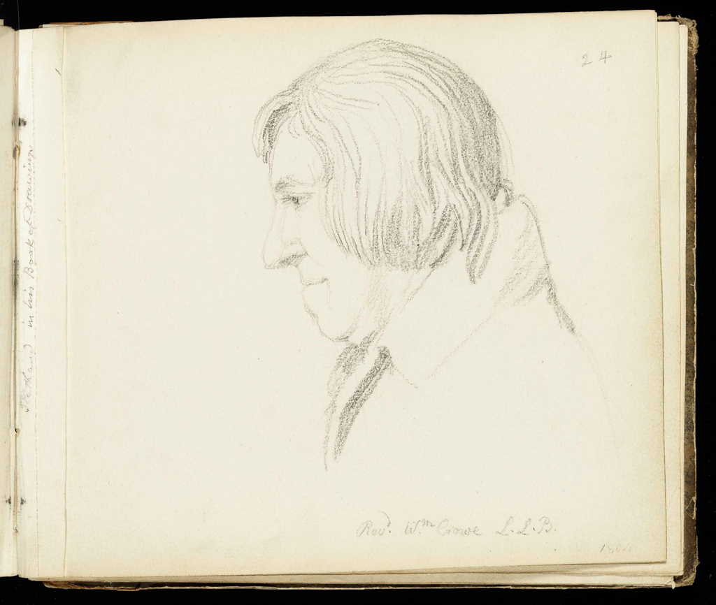 An image of Removed page: inscription on stub. Also showing 33: Head of a Man in Profile to Left. Flaxman, John (British, 1755-1826). Volume of Graphite Portraits. Sketchbook with marbled end boards and brown leather spine. Graphite on paper, height (leaf) 178 mm, width 210 mm; height (cover board) 184 mm, width 218 mm, 1801.