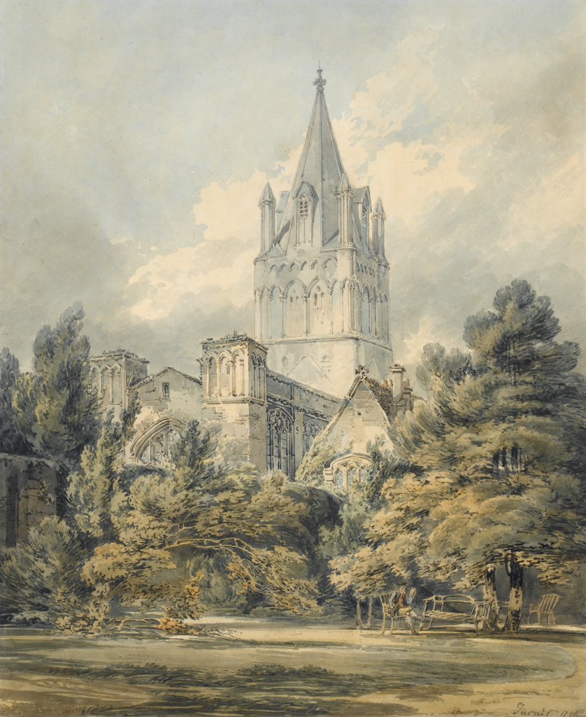 An image of Christ Church, Oxford. Turner, Joseph Mallord William (British, 1775-1851). Watercolour over graphite on paper, height 395 mm, width 320 mm, 1794.