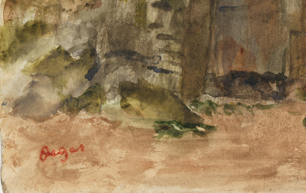 An image of Rocks at Bagnoles-De-L'Orne. Degas, Edgar (1834-1917). Watercolours and oils on paper, height 255 mm, width 201 mm.
