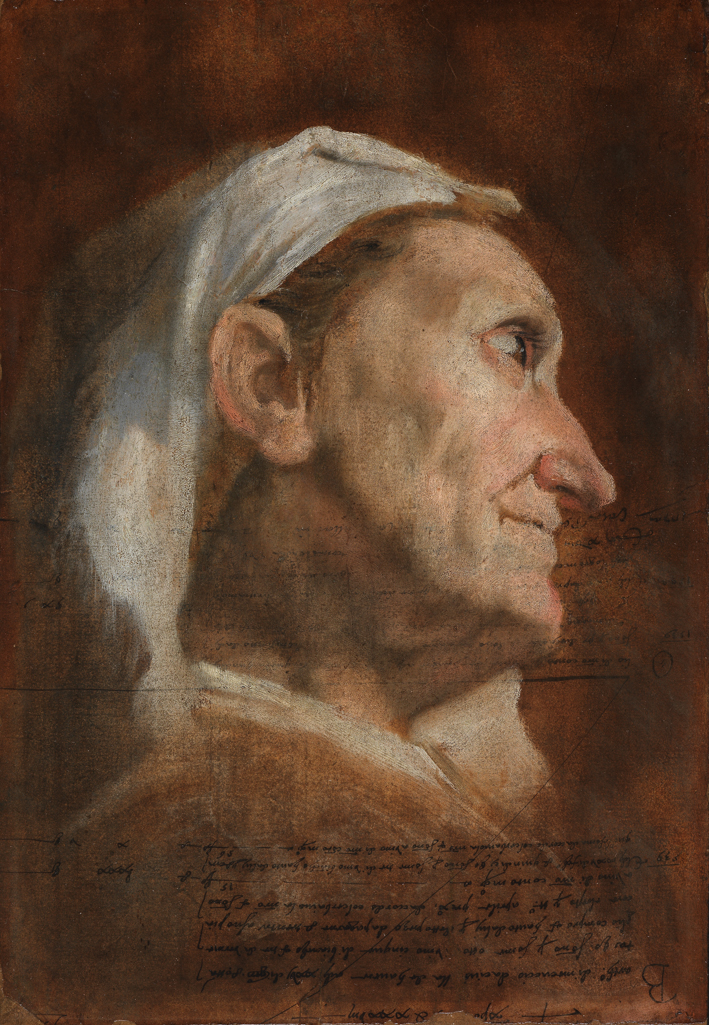 An image of Head of an old woman. Carracci, Annibale (Italian, 1560-1609). Oil on paper laid down on panel, height 42.0 cm, width 29.0 cm, c.1590. Bolognese School.