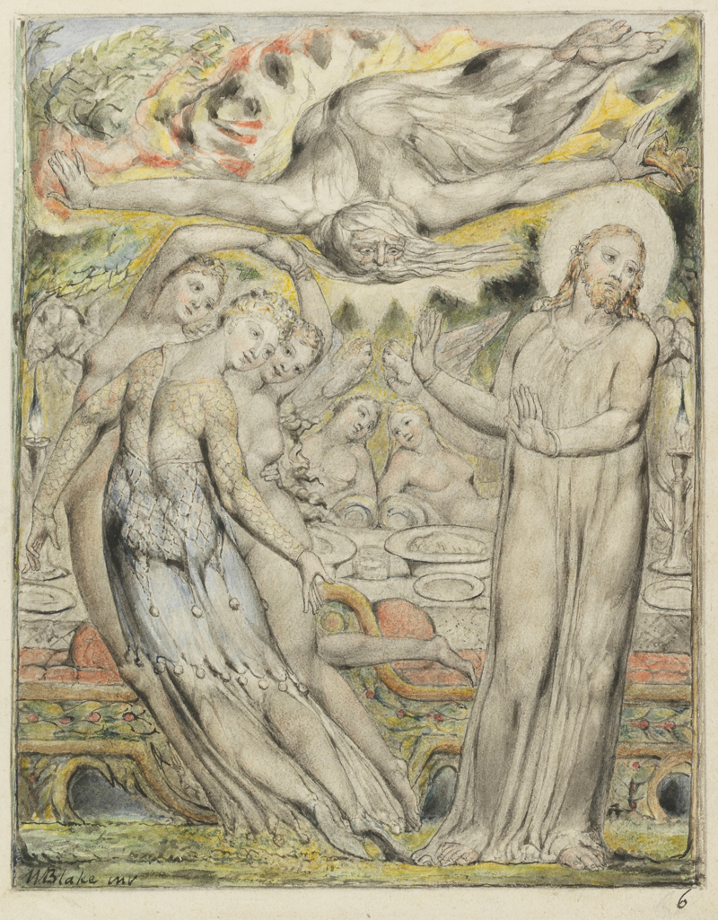 An image of Christ refusing the banquet. Paradise Regained. Blake, William (British, 1757-1827). Pen, Indian ink, grey wash and watercolour on paper, height 171 mm, width 135 mm, circa 1816- 1818. Production Note: One of a series of 12 designs. Watermark: 'M & J Lay 1816'.