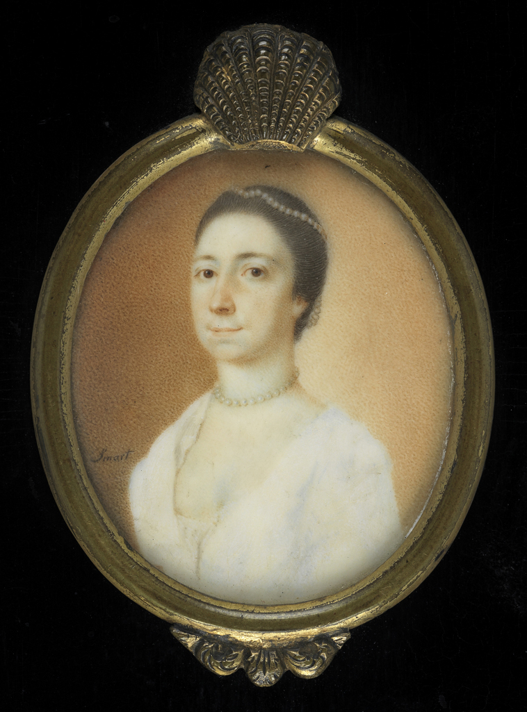 An image of Portrait of Lady Duckenfield. Smart, John (British, 1741-1811). Watercolour on ivory, height, sight size, 45 mm, width, sight size, 38 mm, circa 1760.