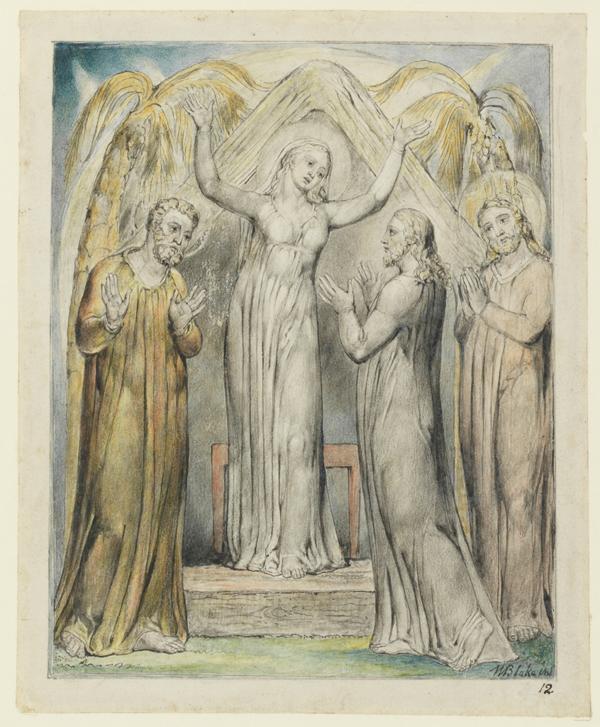 An image of Christ returns to His mother. Paradise Regained. Blake, William (British, 1757-1827). Pen, Indian ink, grey wash and watercolour on paper, height, 168 mm, width, 133 mm, circa 1816-1818. Production Note: One of a series of 12 designs.