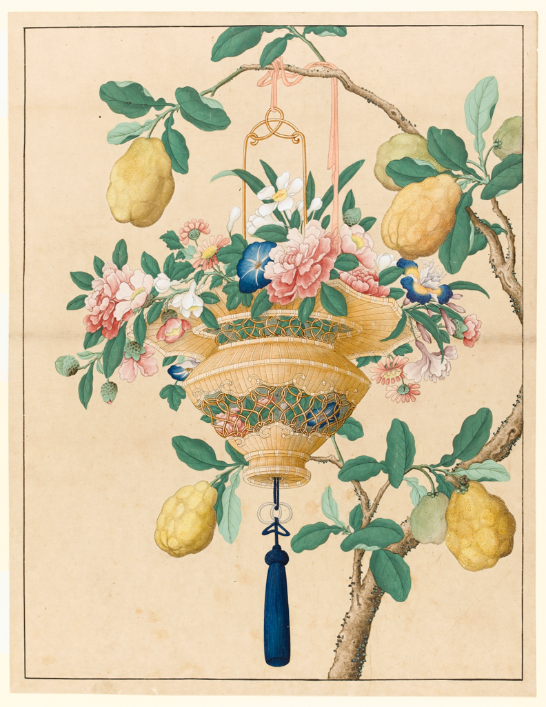 An image of Flowers in a lantern which hangs from a branch of a fruit tree. Bodycolour on paper, height 568 mm, width 438 mm. Chinese.