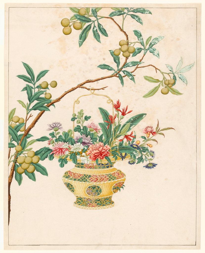 An image of Flowers in a lantern which hangs from the branch of a fruit tree. Bodycolour on paper, height 598 mm, width 476 mm, circa 1820. Chinese.