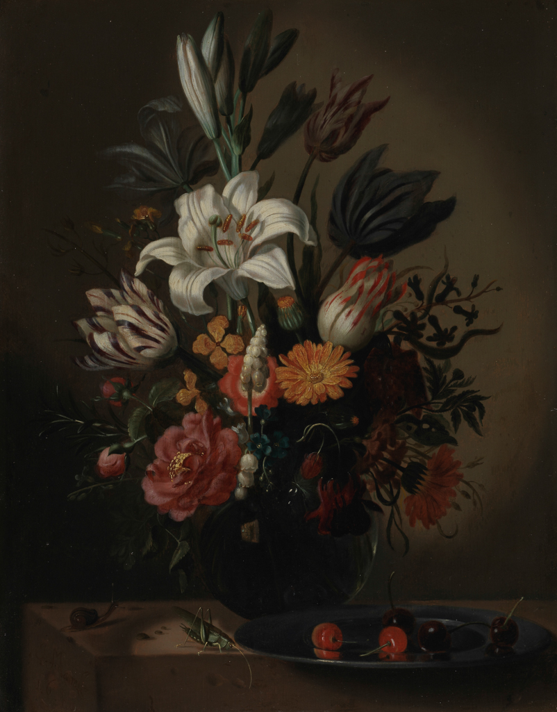 An image of Vase of flowers. Marellus, Jacob (Dutch, 1614-1681). Oil on panel, height 46.5 cm, width 36.2 cm, 1640.
