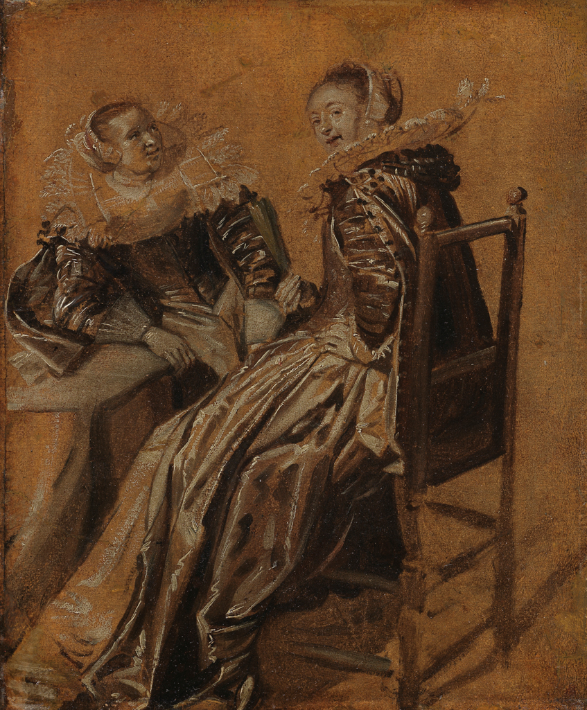 An image of Two ladies seated at a table. Hals, Dirck (Dutch, 1591-1656). Oil sketch on paper, pasted onto an oak panel and varnished, height 255 mm, width 213 mm, circa 1625-1628.
