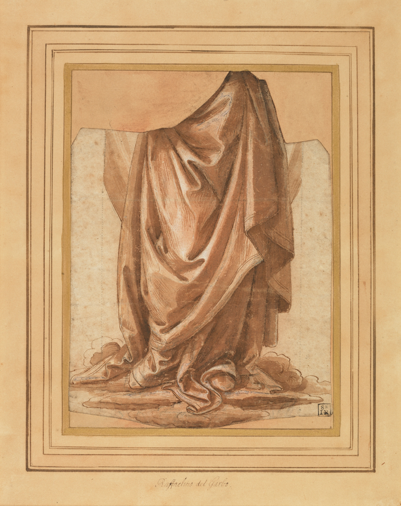 An image of Drapery study. Raffaellino del Garbo (Italian, 1466-1524). Black chalk, pen and brown ink, brown and pink wash, heightened with white (partly oxidized), indented with the stylus and pricked for transfer. Height 247 mm, width 177 mm. Florentine School.