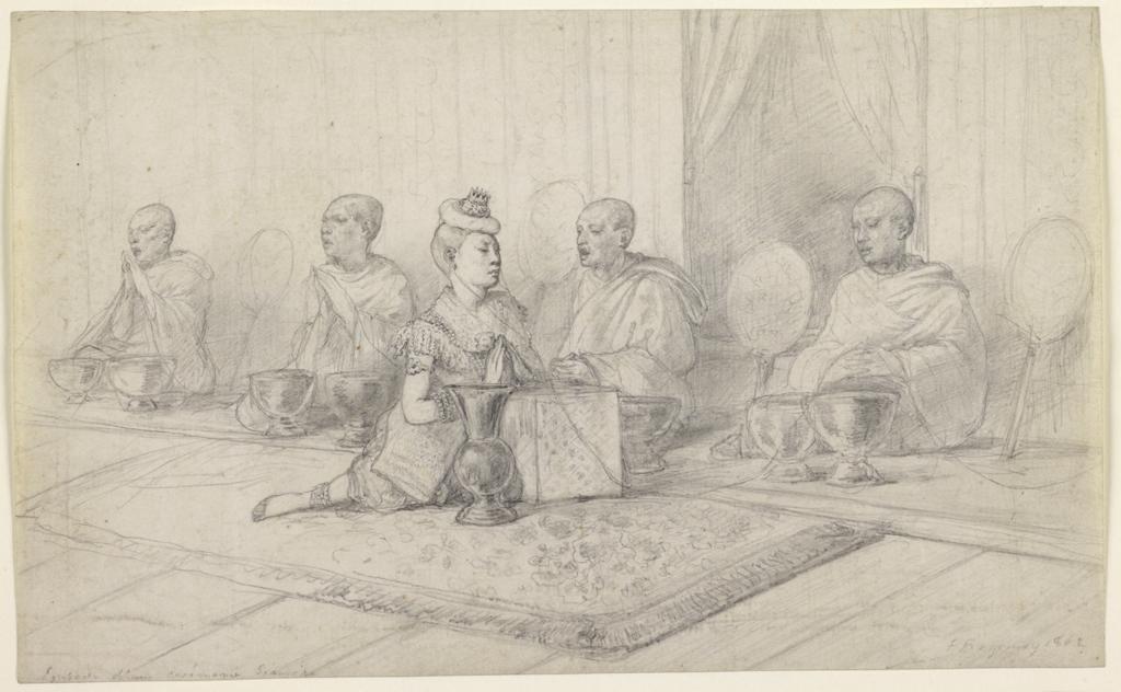 An image of Blessing the Sai Sin (Sacred White) Thread. Régamey, Félix Elie (French, 1844-1907). Graphite on paper, height 165 mm, width 271 mm, 1862. Acquisition Credit: Bought with The Gow Fund.