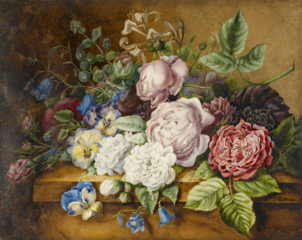 An image of Flowers on a ledge. Panckoucke, Ernestine (French, 1784-1860). Watercolour and bodycolour on paper, height 316 mm, width 399 mm, 1814.
