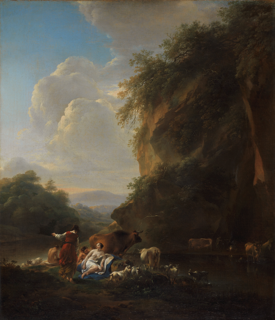 An image of Landscape with Nymphs and Satyrs. Berchem, Nicolaes Pietersz. (Dutch, 1620-1683). Oil on canvas, height 59 cm, approx, width 51 cm, approx, 1645.