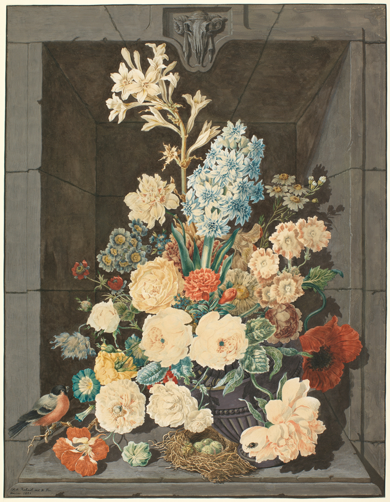 An image of Auricula, roses, peonies, poppy, pomegranate, convolvulus, nasturtium, double hyacinth, forget-me-not, michelmas daisy, double narcissus, tuberose (polianthes) with bullfinch and nest of eggs. Robart, P. A. (Dutch, ac. 1821). Watercolour and bodycolour on paper, height 582 mm, width 452, mm 1821.