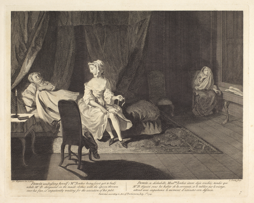 An image of Pamela in the bedroom with Mrs Jewkes and Mr. B. Plate 7. Adventures of Pamela. Truchy, Laurent (French, 1721 (1731?)-1764). After Highmore, Joseph (British, 1692-1780). Richardson, Samuel, author. Etching, engraving, 1745.