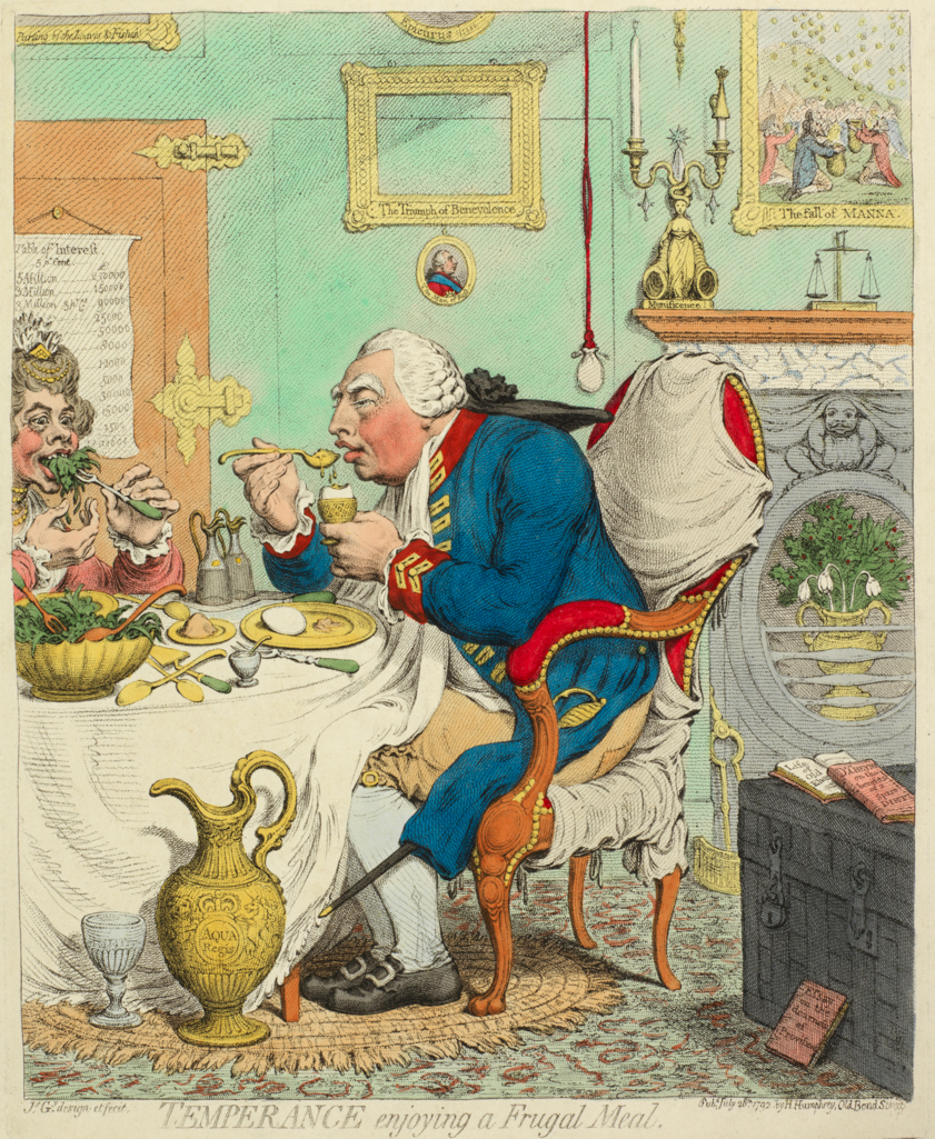An image of Temperance enjoying a Frugal Meal. Gillray, James (British, 1757-1815). Humphrey, Hannah, publisher (British, c.1745-1818). Etching, hand colouring, published July 28th 1792.