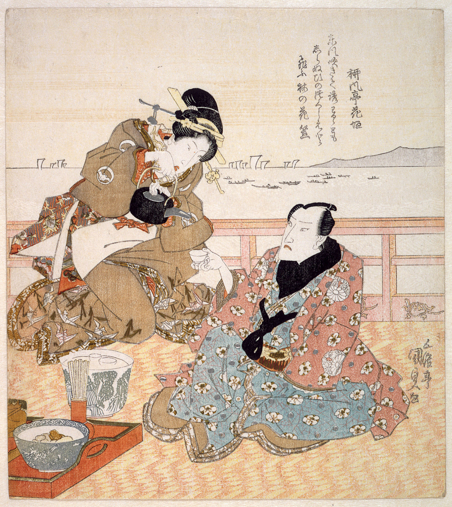 An image of Surimono. Onoe Kikugorô III taking tea at Shinagawa. Kunisada, Utagawa (Japanese, 1786-1865). Colour print from woodblocks, with metallic pigment and blind embossing (karazuri). Shikishiban. Signed: Gototei Kunisada ga. Poet: Ryûfûtei Hanagaki. 1825. Ukiyo-e. Notes: This is a ‘farewell’ surimono depicting the actor Onoe Kikugorô III before he departed on his pilgrimage to the Tenjin Shrine at Dazaifu on Kyûshû in 10/1825. He is seated on the second-floor balcony of a Shinagawa restaurant at the start of the Tôkaidô highway. He had just completed performing in the sensational first performance of the most famous of Kabuki ghost plays, Tôkaidô Yotsuya kaidan, which had been written for him by Tsuruya Nanboku IV. Kikugorô achieved great fame for using a series of astonishing costume-changing devices in order to perform three central roles. Kikugorô’s acting crest (mon) appears on the sleeves of his robe. The plum-blossom (gyôyô-giku) pattern was also a personal motif of Kikugorô, whose poetry name was Baikô (‘Plum luck’). Plum was also associated with the Tenjin Shrine. The bat-motif on the waitress’s kimono is a symbol of good luck. The turtle motif on the railing may be the mark of the kyôka poetry club that commissioned the print.