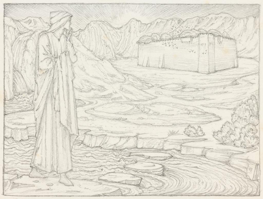 An image of The Romance of the Rose: first sight of the walled garden. For page 243 of the Kelmscott Chaucer. Burne-Jones, Edward (British, 1833-1898). Graphite within drawn graphite border on paper, height, drawn area, 128 mm, width, drawn area, 171 mm, height, support, 153 mm, width, support, 195 mm.