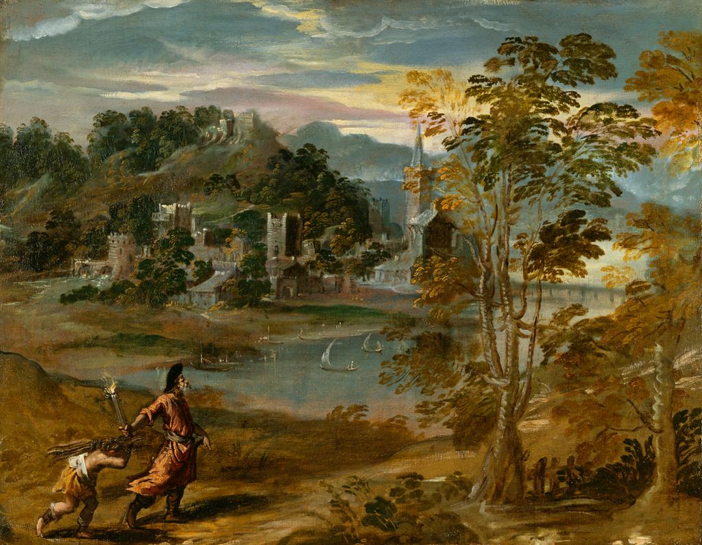 An image of Landscape with Abraham and Isaac. Scarsellino (Ippolito Scarsella) (Italian, 1551-1620). Oil on canvas, height 58 cm, width 75 cm.