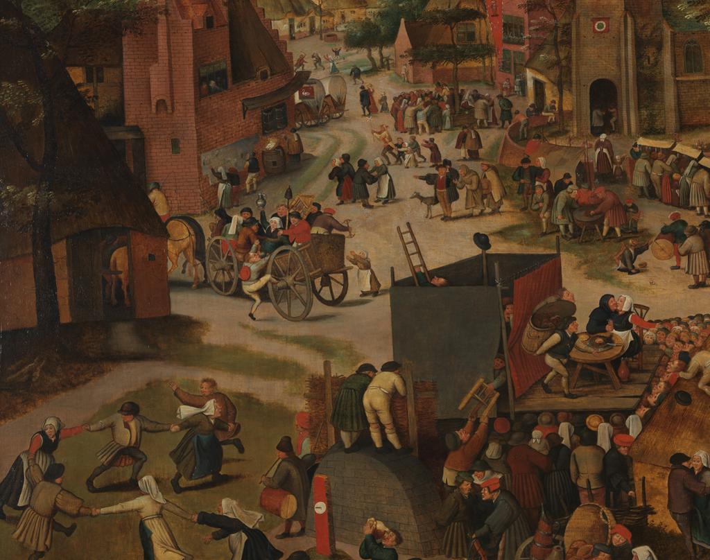 An image of A Village Festival, With a Theatrical Performance and a Procession in Honour of St Hubert and St Anthony. Brueghel, Pieter, the younger (Flemish, c.1564-1637/8). Oil on panel, height 118.1 cm, width 158.4 cm, 1632.