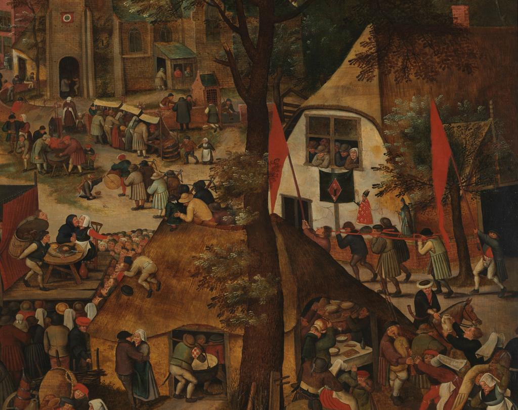 An image of A Village Festival, With a Theatrical Performance and a Procession in Honour of St Hubert and St Anthony. Brueghel, Pieter, the younger (Flemish, c.1564-1637/8). Oil on panel, height 118.1 cm, width 158.4 cm, 1632.