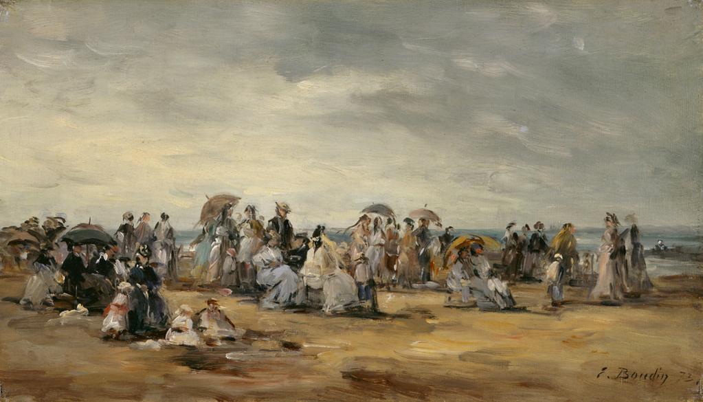 An image of The Beach at Trouville. Boudin, Eugène Louis (French, 1824-1898). Oil on canvas, height, canvas, 19.2 cm, width, canvas, 33.2 cm, 1873.