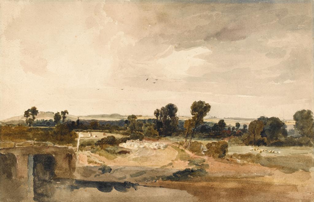 An image of A View in Lincolnshire. De Wint, Peter (British, 1784-1849). Watercolour with gum Arabic, over graphite on paper, height 361mm, width 562mm, circa 1810-1815.