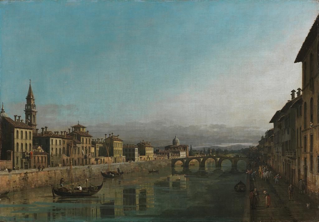 An image of The Arno in Florence with the Ponte Alla Carraia. Bellotto, Bernardo (Canaletto). (Italian, 1720-1780). Oil on canvas, height 74.5 cm, width 106.5 cm, circa 1745.