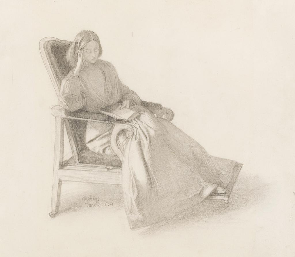 An image of Portrait of Elizabeth Siddal, Reading. Rossetti, Dante Gabriel (British, 1828-1882). Graphite, with some pen and Indian ink, on paper, height 242 mm, width 290 mm, 1854.