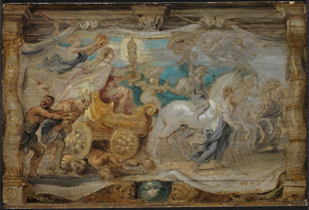 An image of The Triumph of the Eucharist over Ignorance and Blindness. Ecclesia Per S. Eucharistiam Triumphans. Sketch for the 'Eucharist' series of designs. Rubens, Peter Paul (Flemish 1577-1640). Oil on panel, height 16.2 cm, width 24.4 cm, circa 1625 to 1626.