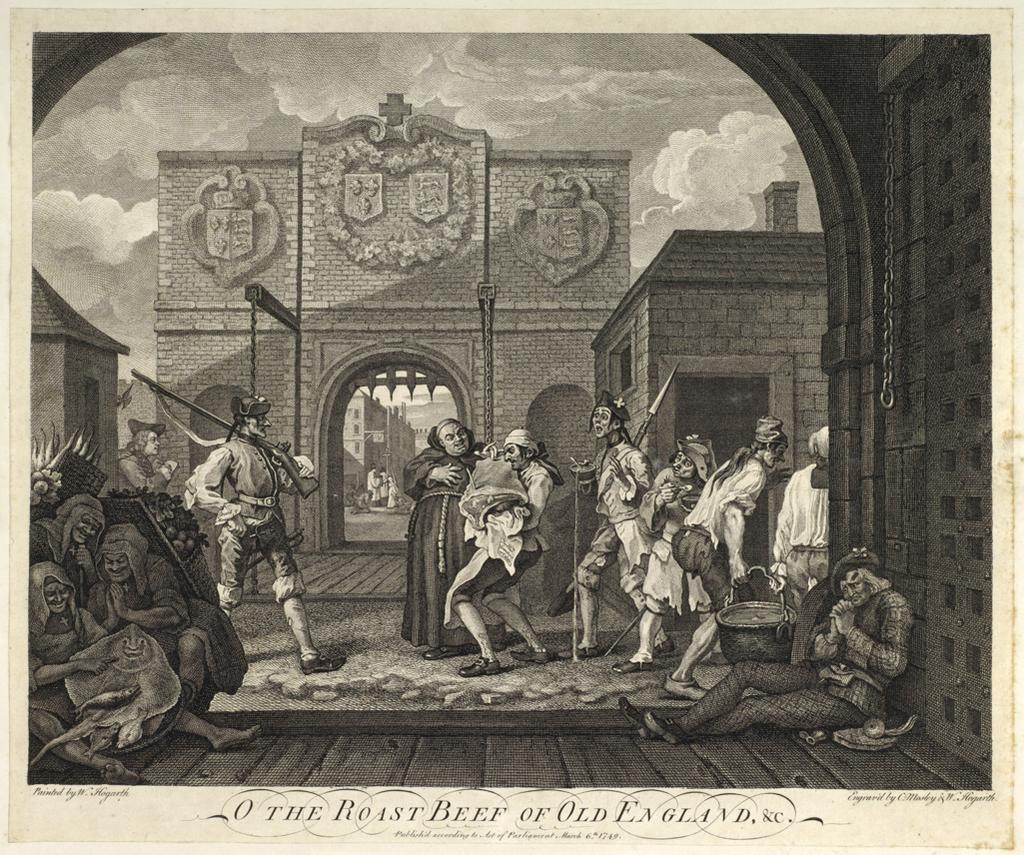 An image of O The Roast Beef of England. The Gates of Callais. Hogarth, William (British, 1697-1764). Etching, engraving, 1748-1749. Production Note: State II/II. Alternative Number(s): Paulson; 180. Stephens/George; 3050.