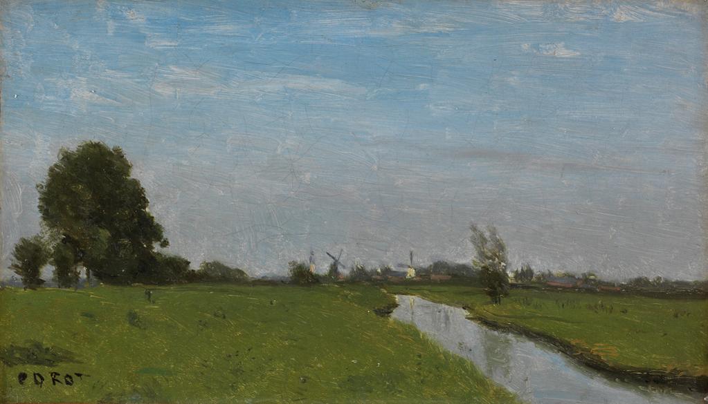 An image of Dutch Landscape in Holland. Corot, Jean Baptiste Camille (French, 1796-1875). Oil on canvas, height 18.4 cm, width 31.8 cm, 1854.