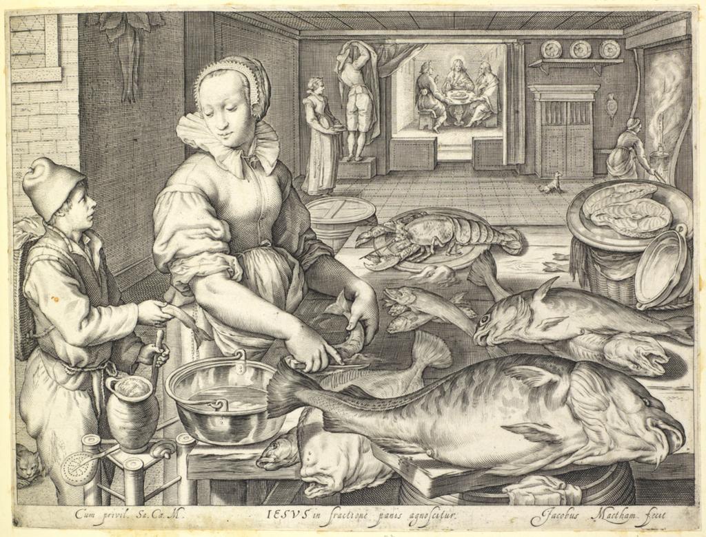 An image of Print Album. Kitchen scene with a kitchen maid preparing fish, and Christ at Emmaus in the room behind her Kitchen and market scenes with Biblical scenes in the background. Matham, Jacob (Dutch, 1571-1631). Aertsen, Pieter, after (Netherlandish, 1508-1575). Engraving, 1603. Alternative Number(s): Bartsch; 165. Hollstein Dutch and Flemish; 320.